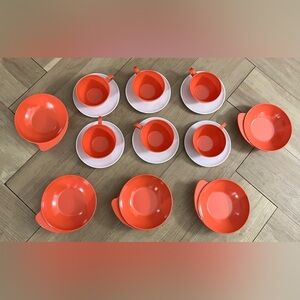 Vintage Orange Melmac Melamine Cups Saucers & Bowls